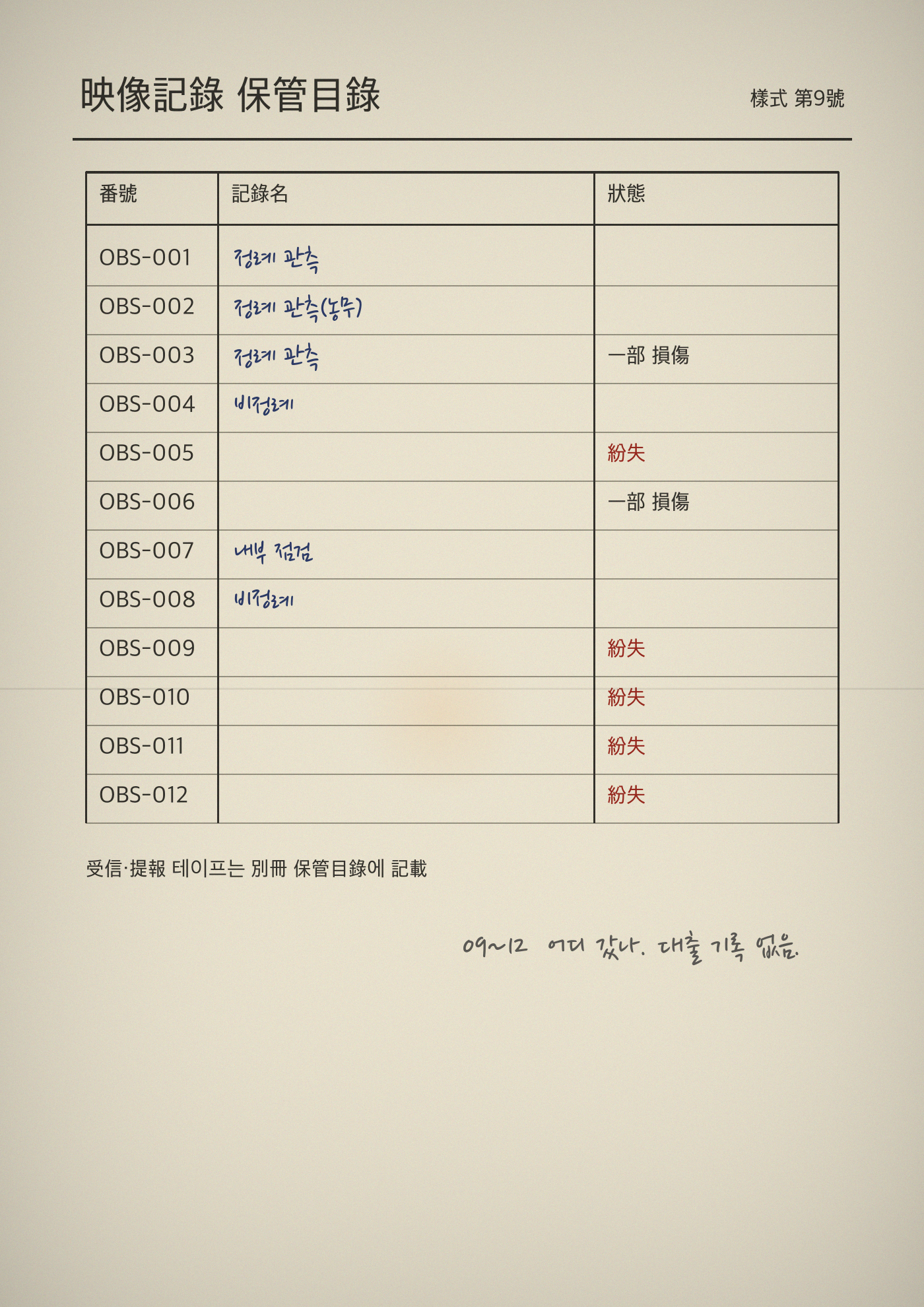 테이프 보관 목록 스캔본 — OBS-001부터 012까지. 제가 가진 건 여덟 개뿐입니다. 목록에는 열두 개가 있습니다.